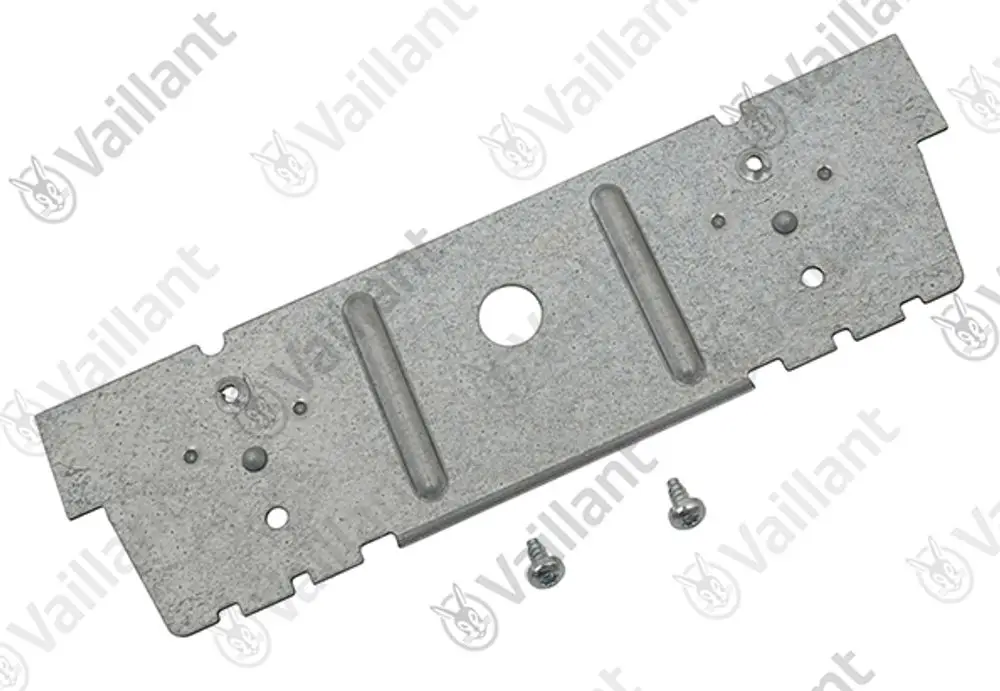 Metallhalteplatte von Vaillant mit mehreren Löchern und einer mittigen Aussparung, versehen mit zwei Schrauben.